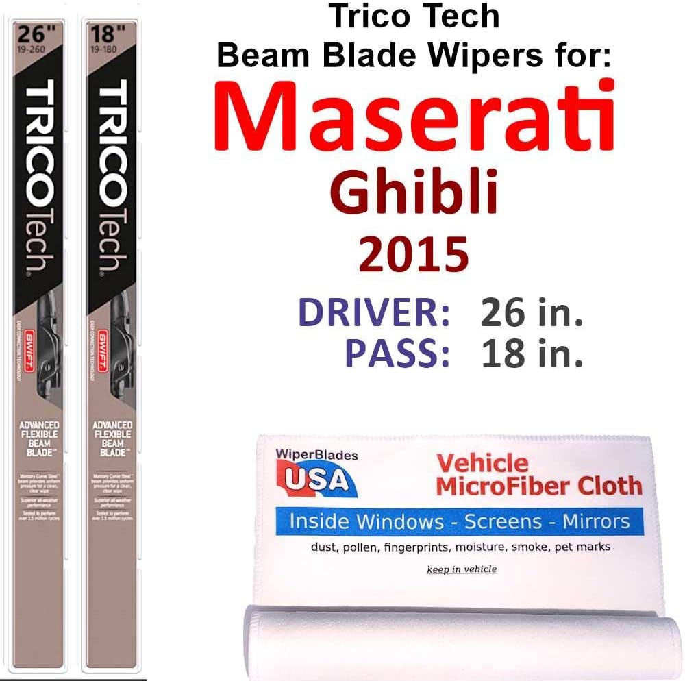 Beam Wiper Blades for 2015 Maserati Ghibli Set Trico Tech Beam Blades Wipers Set Bundled with MicroFiber Interior Car Cloth