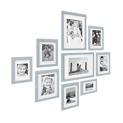PHOTOLINI 9er Bilderrahmen-Set Modern Tief Massivholz Grau mit Passepartout / 10x15, 13x18, 15x20 und 21x30 cm/Fotorahmen/Por