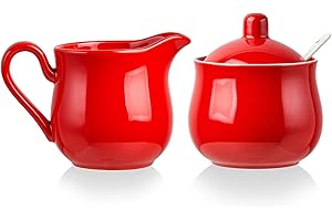 CHILDIKE 12 OZ Ceramic Sugar and Creamer Set, Coffee Serving Set, 4 Piece Cream Pitcher Sugar Bowl with Lid and Spoon (Red)
