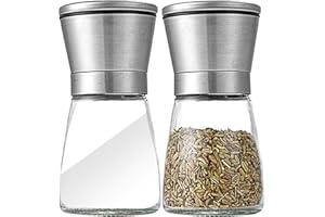 Salt and Pepper Grinder Set, Stainless Steel Salt and Peppercorns Shakers with Adjustable Coarseness, 6oz Refillable Pepper M