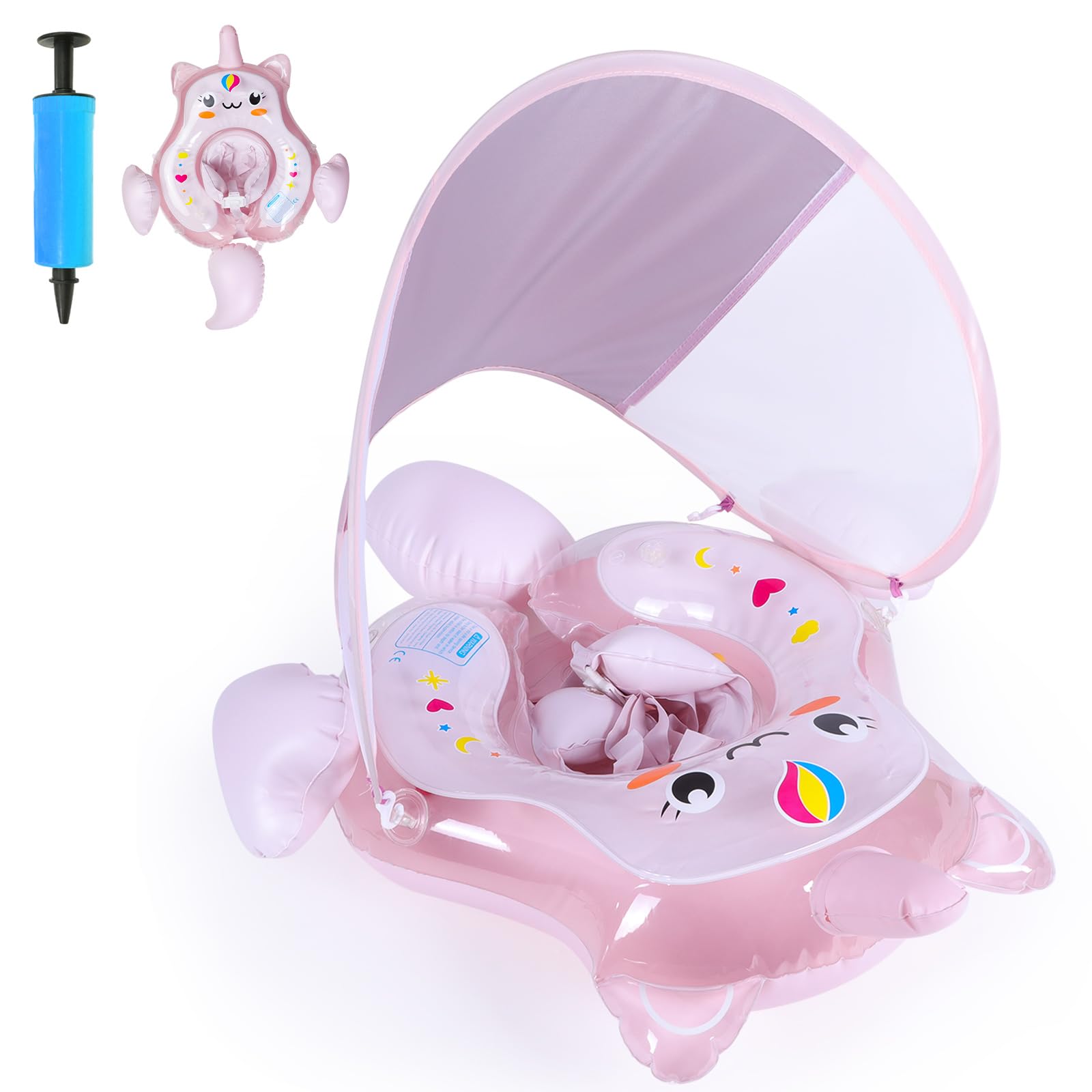NYOBABE Unicorn Baby Swimming Float for 6-36 Months,Inflatable Baby Pool Float with Anti-Flip Tail&UPF50+ Sun Canopy,Baby Swimming Ring for 6 9 12 18 24 36M Infants,Adjustable Baby Float Ring Pink(S)