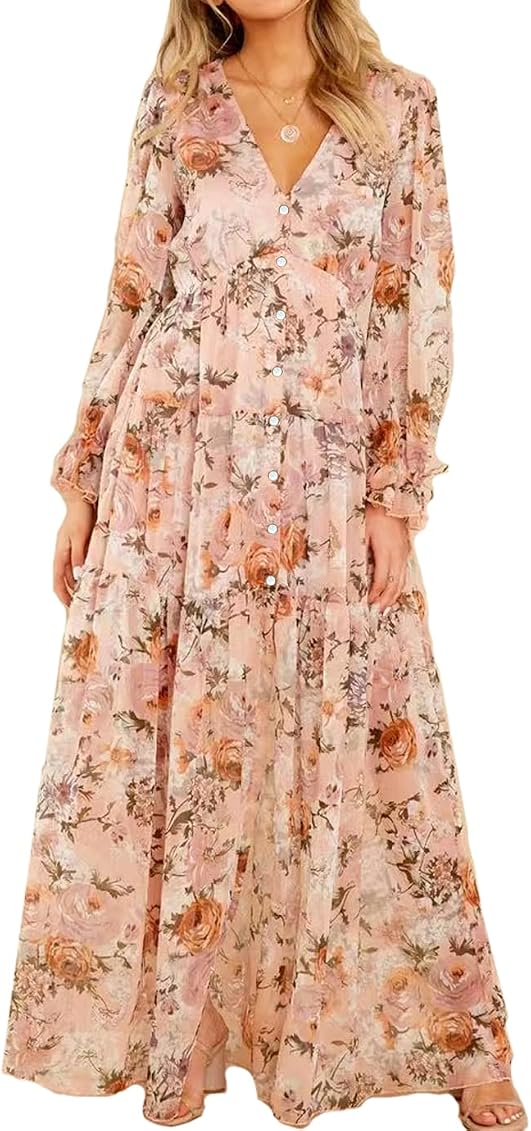 Women's Long Sleeve Floral Maxi Dress V 