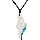 81stgeneration Hand-Carved Bone Pikorua Pendant with Paua Shell - Adjustable Cord Surfer Necklace for Men - Women's Maori-Style Double Twist Amulet - Handmade Natural Tribal Statement Jewelry