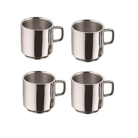 King International Stainless Steel Coffee Mug Double Wall, 6 X 6.5 cm, Silver, 4 Piece