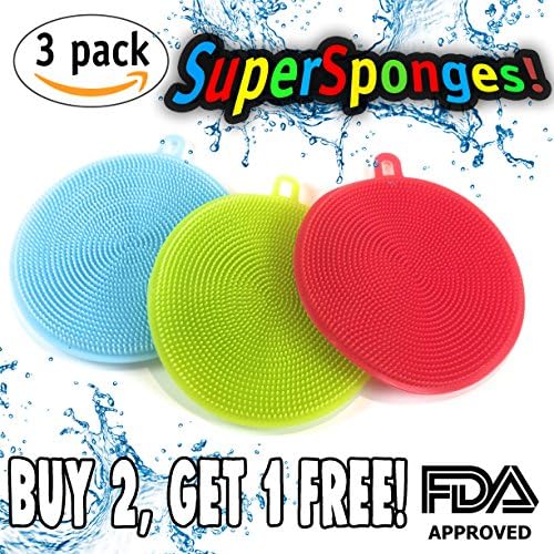 Silicone Kitchen Sponge Scrubber "As Seen On TV" Premium 3-Pack For Kitchen Cleaning Durable &amp; Soft Baby Care Household Cleaning Mildew &amp; Odor Free Sponge Dishwasher Safe Food Grade