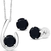 Gem Stone King 10K White Gold Black Onyx Pendant Earrings Jewelry Set For Women | 2.10 Cttw | Gemstone December Birthstone | Round 6MM | with 18 Inch Chain