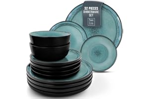 PURE LIVING INTERIOR DESIGN 32 Piece Dinnerware Sets for 8 - Modern Style Stoneware Dinnerware Set - Scratch Resistant, Dishwasher Safe Plates and Bowls Sets Ceramic, Dish Set, Bowl and Plate Set - Black and Petrol Blue…