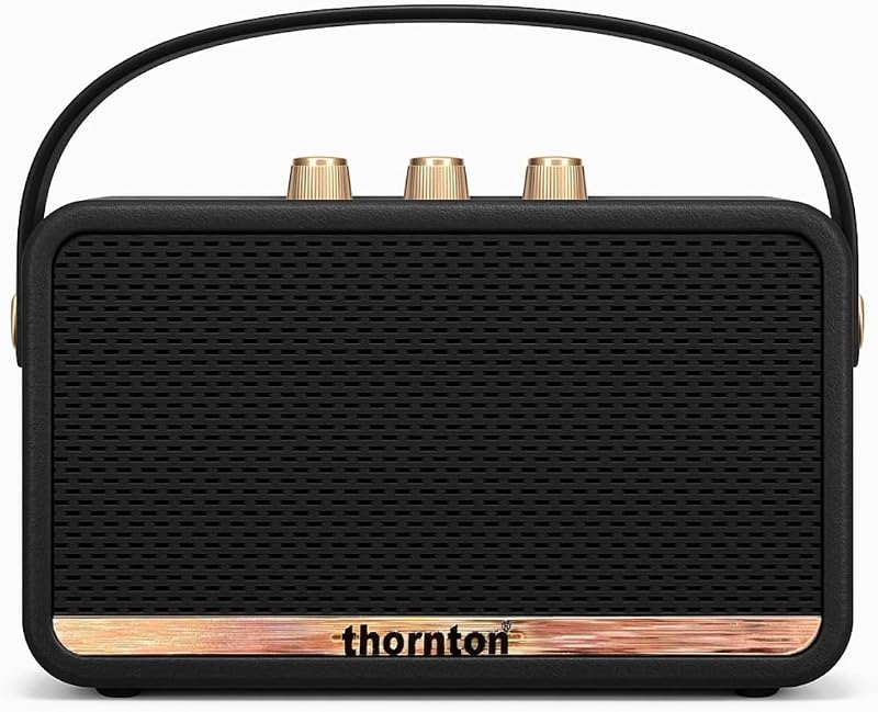 Flow Bluetooth Speaker - Coluna estéreo portátil sem fios resistente à água IP67, reprodução de 5 horas, carregamento USB-C, design retro com controlos dourados