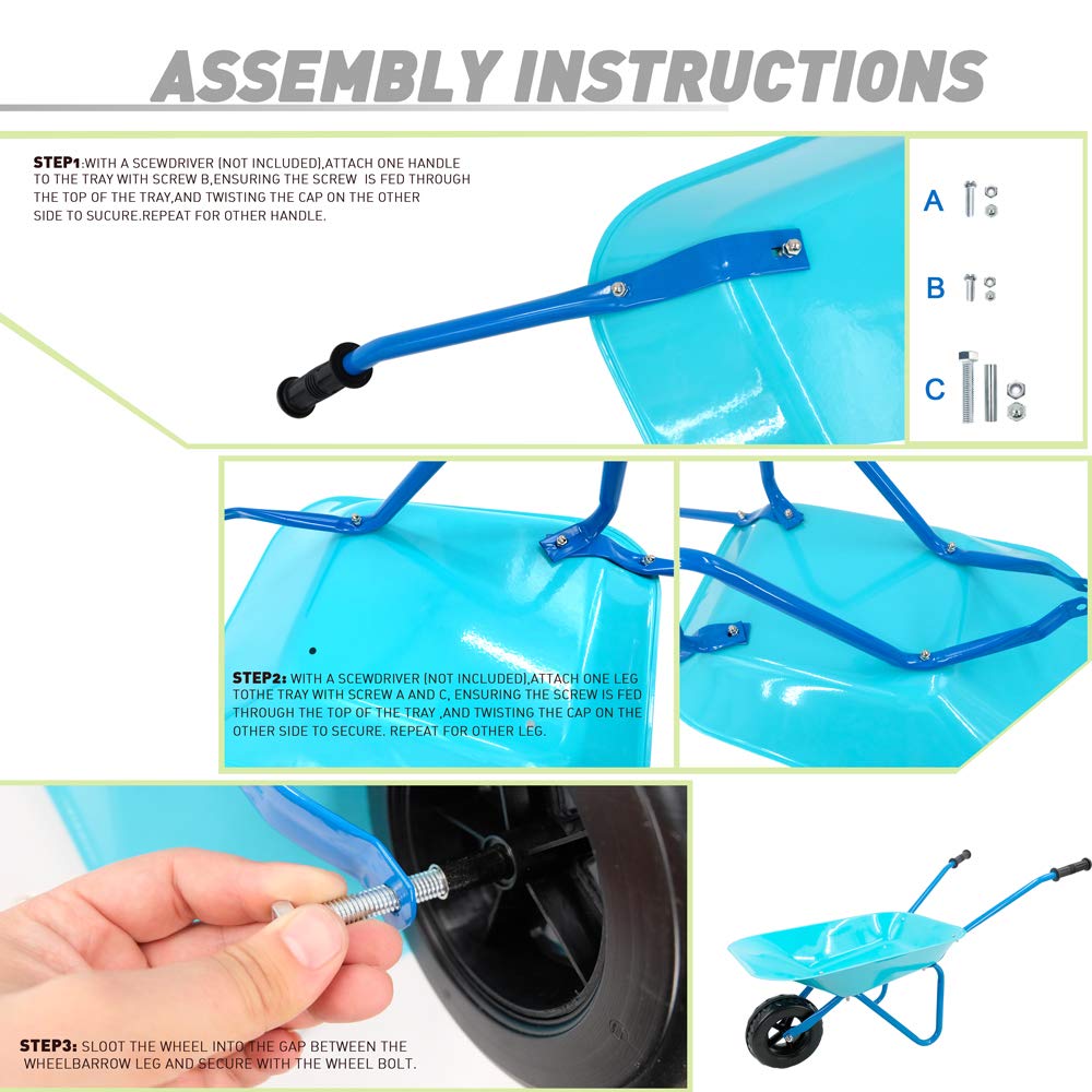 Colwelt Kids Wheelbarrow 5Pcs, Steel Wheelbarrow for Kids with Kids Gardening Tools and Gloves(Blue), Gardening Tools for Kids