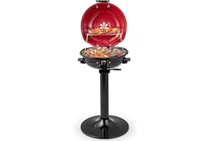 HAPPYGRILL 1600W Electric Grill Outdoor, Portable BBQ Grill with Warming Tray, Removable Non-Stick Grill Rack, Adjustable Temperature& Oil Drip Tray for Patio, Camping, Picnic,Red