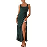 Fiemaoves Summer Vacation Satin Maxi Dresses for Women 2025 Square Neck Formal Elegant Tank Top Wedding Guest Dress with Slit