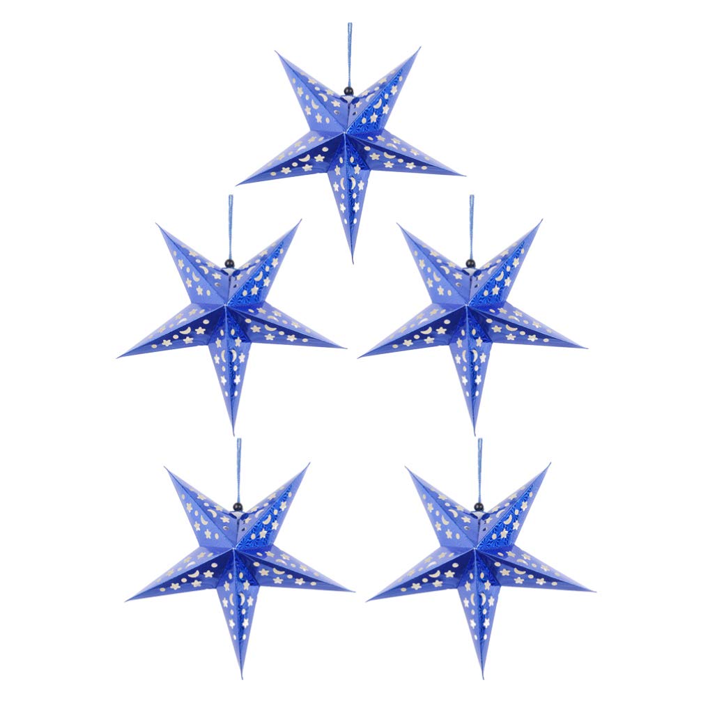 ABOOFAN 30cm Glitter Christmas Paper Star Lantern - 3D Pentagram Lampshade Snowflake Ceiling Decor for Wedding Party Home Christmas - Blue (5pcs)
