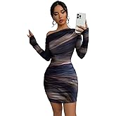 Xuani Women's Sexy Off The Shoulder Bodycon Mini Dress Tie Dye Long Sleeve Ruched Asymmetrical Club Dresses