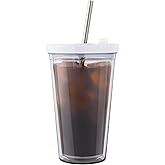 SEFAONUR Reusable Iced Coffee Cup (16 Oz), Leakproof Iced Coffee Tumbler with Collapsible Steel Straw and Lid, Double-Wall Insulated, Shatter-Resistant, BPA-Free, Keeps Drinks Cold