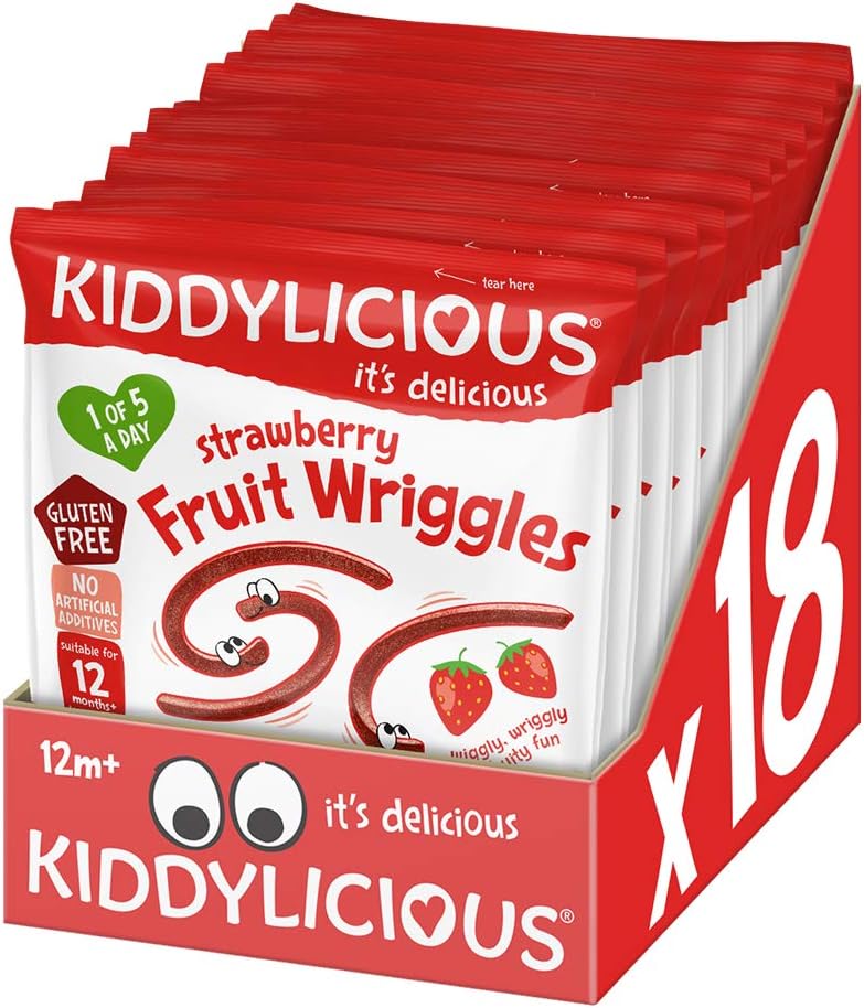 Kiddylicious Strawberry Wriggles - Delicious Real Fruit Treat for Kids - Suitable for 12+ Months - 18 Packs