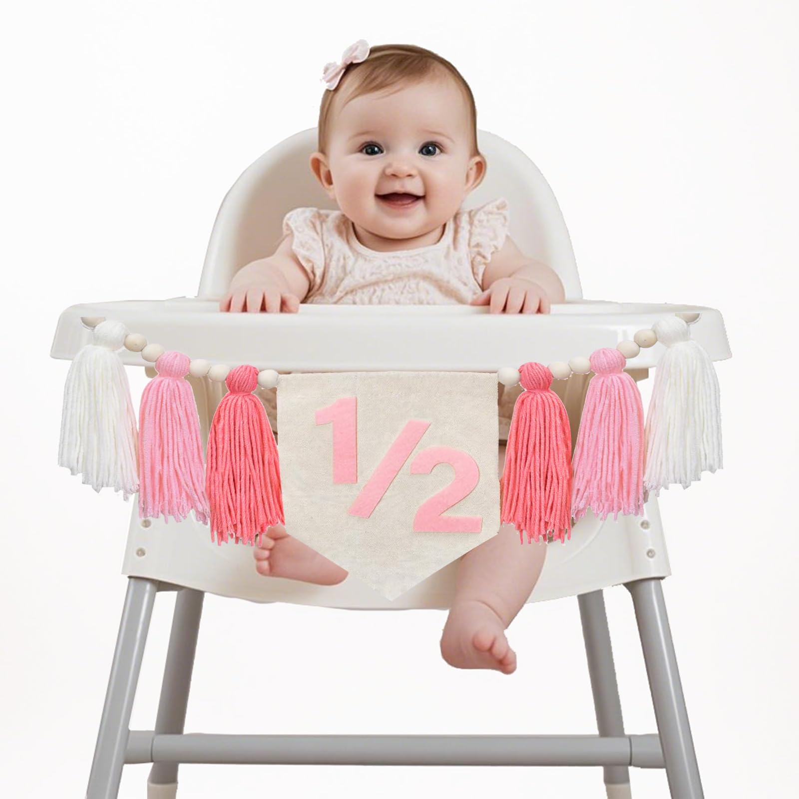 Photo 1 of 1/2 Birthday High Chair Banner for Baby Boys Girls 6 Months Half Way to One Birthday Party Decorations Tassel Wood Bead Highchair Garland Decorations (Pink)