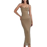 Women's Mesh Double Layer Dresses Lace Trim Maxi Elegant Party Bodycon Dress Slim Fit Back Slit Long Cocktail Party Dresses