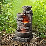 Peaktop 201601PT Outdoor Garden Water Stacked 3 Tier Bowls Waterfall Fountain with LED Light, 33" Height, Stone Gray