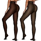 Vertvie 2 Pairs Fleece Lined Tights Women Crotch One Seam Line Warm Sheer Pantyhose Fake Translucent Thermal Thick Leggings