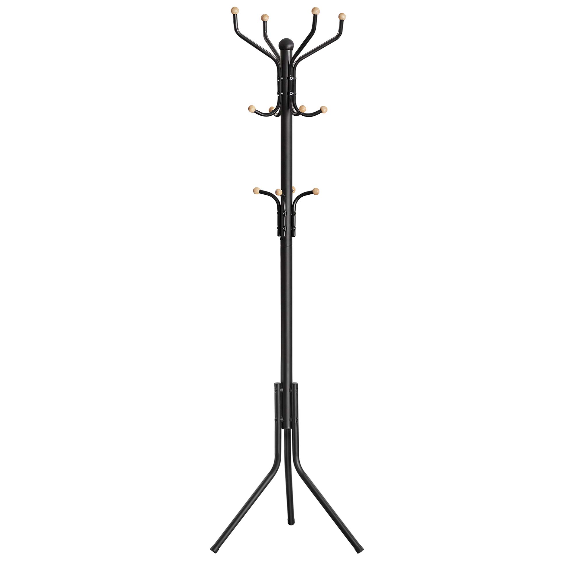 SONGMICS Coat Rack Stand, Coat Tree, Metal Hall Tree, Free Standing, 49 x 182 cm, 12 Hooks, for Clothes, Hats, Bags, Black RCR19B