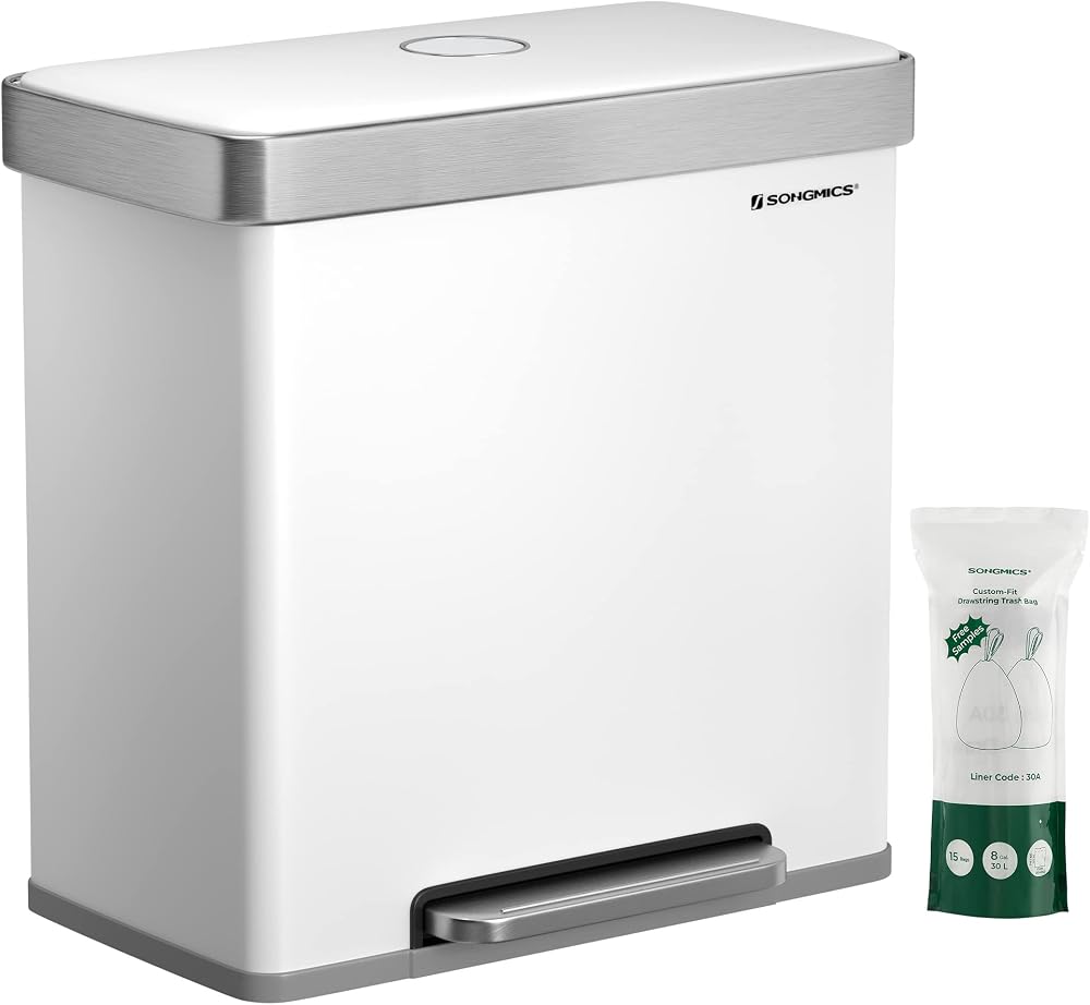 SONGMICS 2x30L Stainless Steel Pedal Bin with 15 Bags White LTB202W01