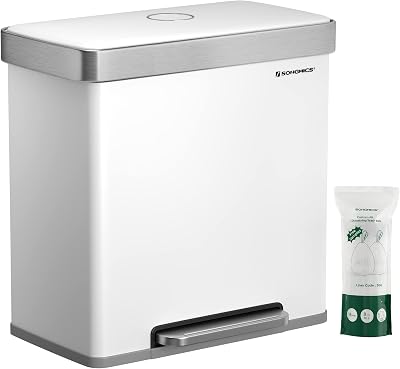 SONGMICS 2x30L Stainless Steel Pedal Bin with 15 Bags White LTB202W01