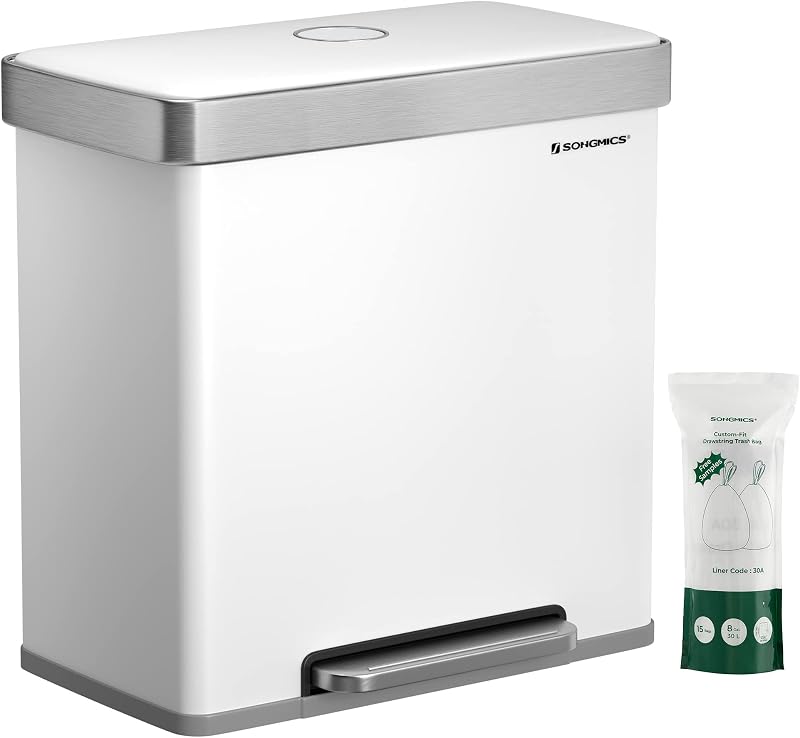 SONGMICS 2x30L Stainless Steel Pedal Bin with 15 Bags White LTB202W01
