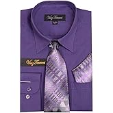 Viviz Forancci Men's Long Sleeve Pointed Collar Dress Shirt with Matching Tie Set AC101-Purple-16-16 1/2-34-35