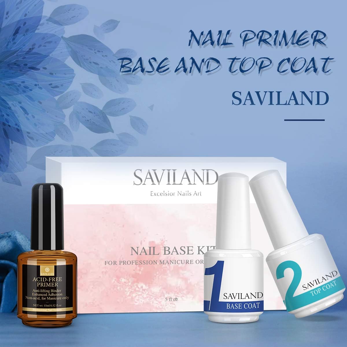 Saviland Nail Primer,Gel Base and Top Coat Set, Non-Acid Nail Primer No Wipe top Coat,Long Lasting Base Coat (3Pcs/15ml Each Bottle): Health & Personal Care