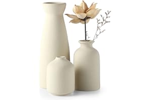 CEMABT Beige Ceramic vase Set-3 Small Flower vases for Decor,Modern Boho Farmhouse Home Decor,Decorative vase for Pampas Grass&Dried Flowers,idea Shelf,Table,Bookshelf ，Entryway- Distressed