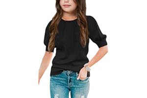 Batermoon Girls' Puff Short Sleeve Sweaters Crewneck Hollow Out Knit Pullover Tops