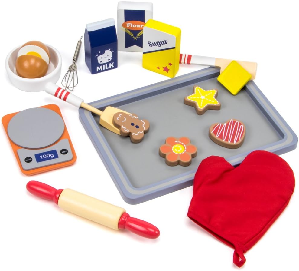 Imagination Generation Sugar Sweet Bakery Set - 17-Piece Wooden Baking Food Playset with Dry and Wet Mixing Ingredients, Scale, and Cookies