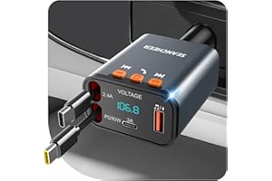SEANCHEER Car Bluetooth Adapter & Car Charger USB C, 69W Cigarette Lighter Adapter with 2 Retractable Cables, FM Transmitter Bluetooth 5.3 for Handsfree Call, MP3 Player [Gray[USB-C+USB-C]]