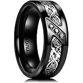 King Will DRAGON Mens Celtic Dragon Titanium Stainless Steel Ring Blue/Black/Green/Red Carbon Fibre Luminou Glow Celtic Dragon Titanium Stainless Steel Ring 7mm 8mm 9mm Zircon Polished Beveled Edge and Black Plated Wedding Band mens