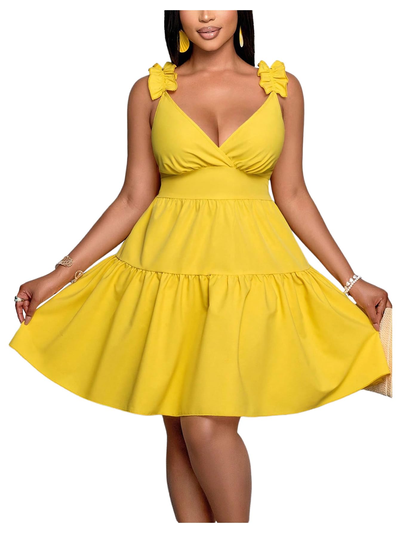 Photo 1 of Floerns Women's Plus Size Ruffle Straps V Neck Smocked Dress Tiered A Line Dresses Yellow 4X-Large Plus