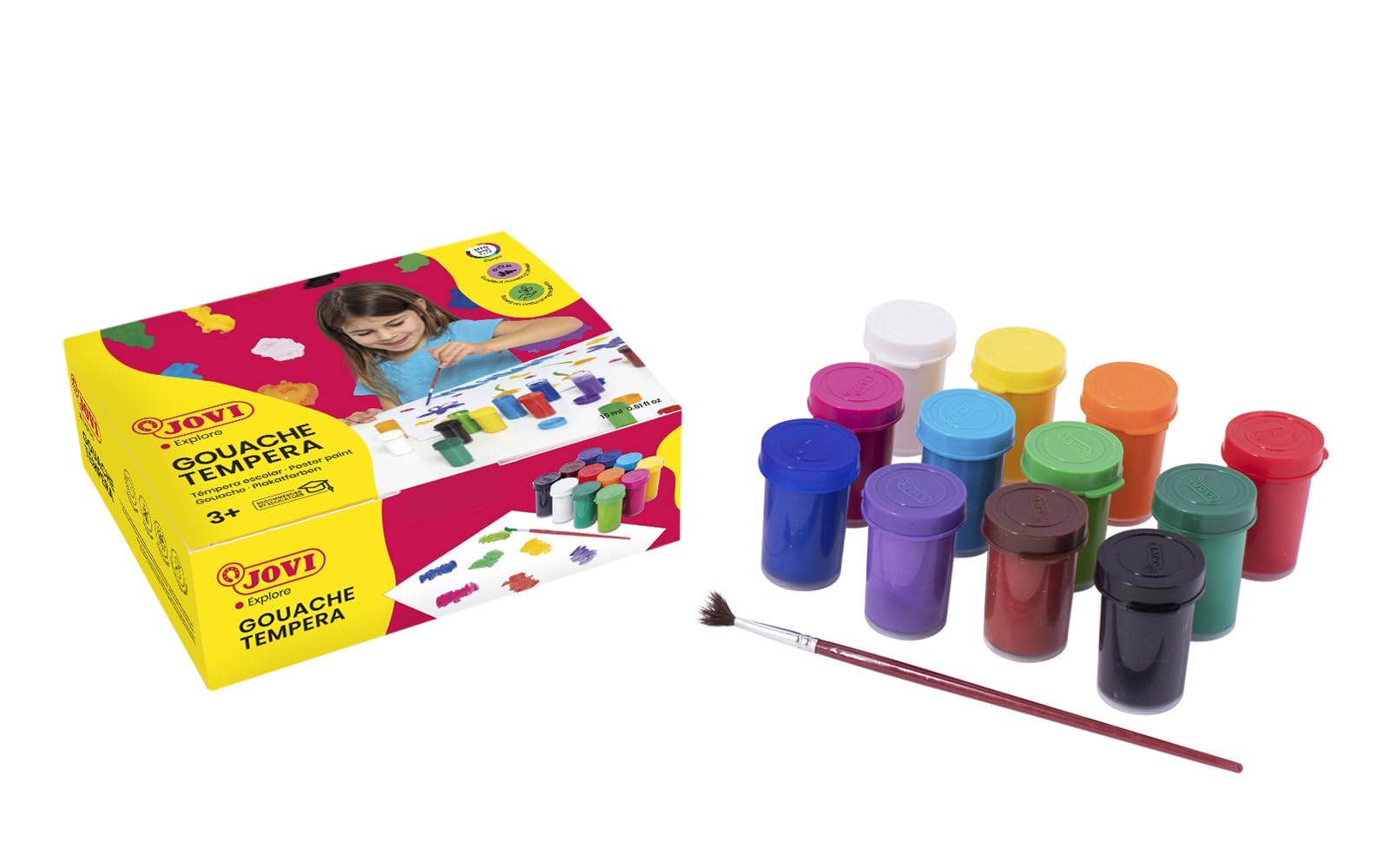 Jovi - School Tempera, box with 12 pots of 15ml, Assorted Colors, washable paints for kids with brush