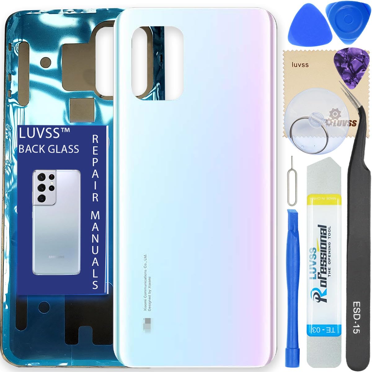 LUVSS Back Glass Cover Replacement Compitable for Xiaomi Mi 10 Lite 5G Rear Cover + Repair Manual DIY Tools Kit (White)