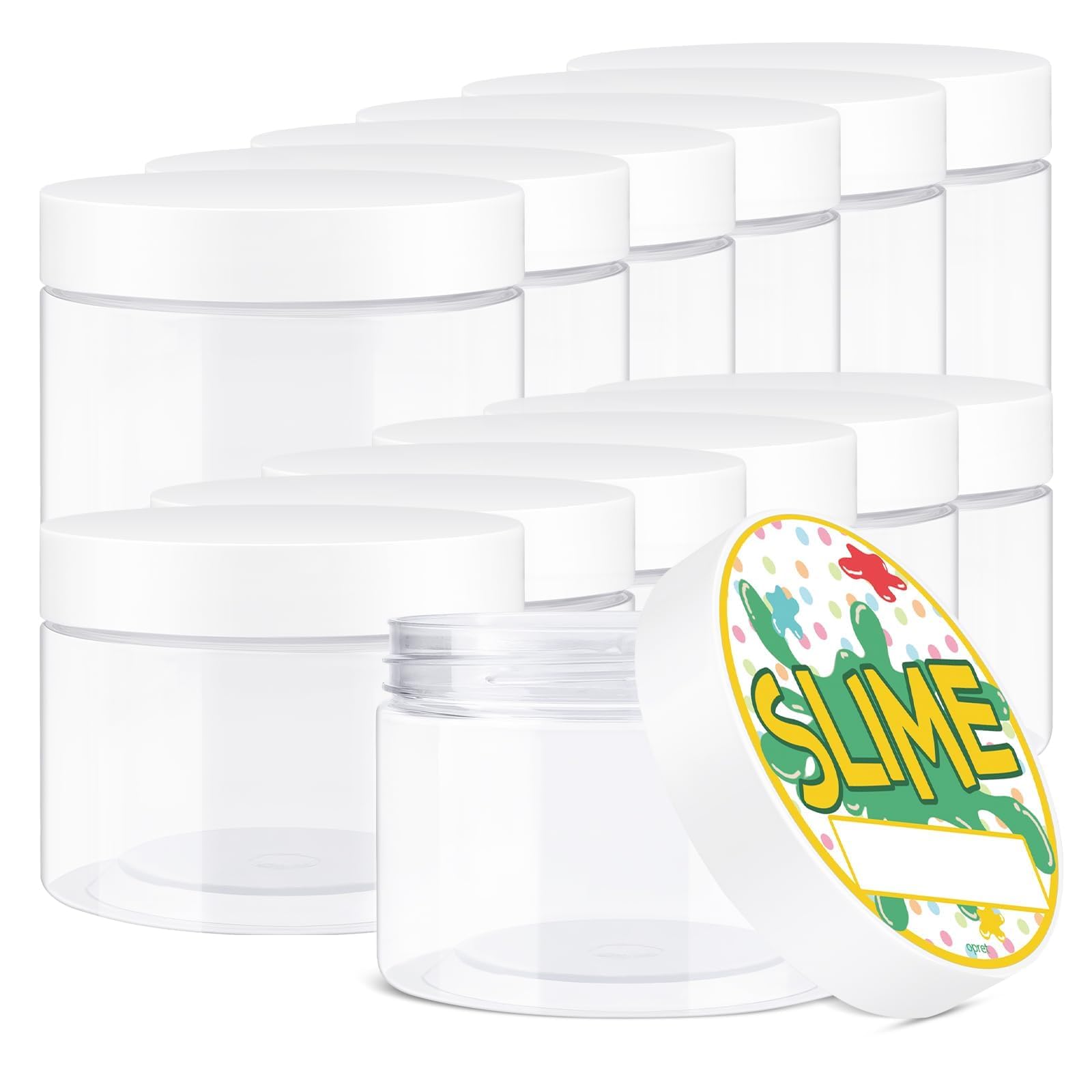 Photo 1 of Opret 12 Pack 10oz Empty Slime Containers, Large Plastic Slime Jars with Lids and Labels Clear Storage Organizers for Slime Making, Food and Beauty Products, BPA Free