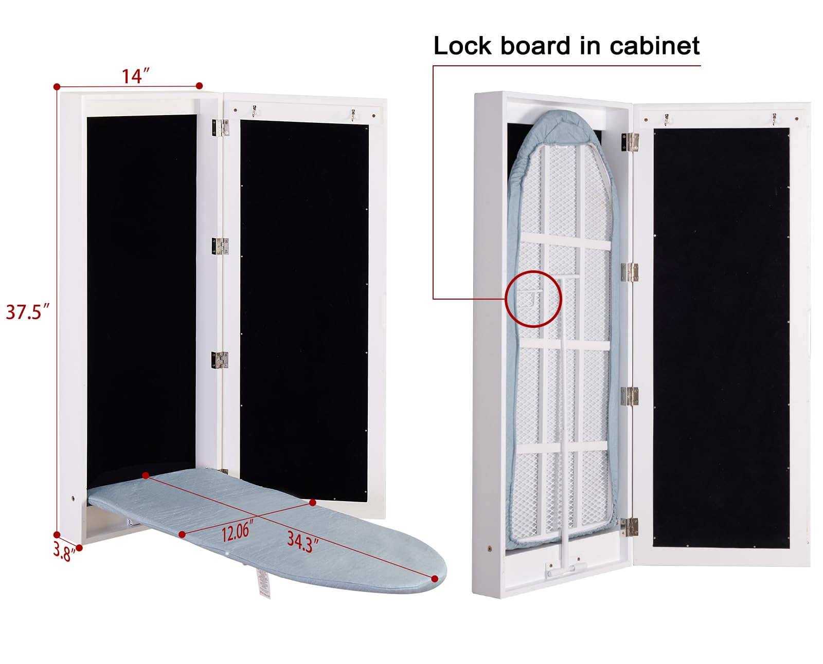Slim Wall Mounted Ironing Board Cabinet, Foldable Ironing Board, Mirrored Door, White
