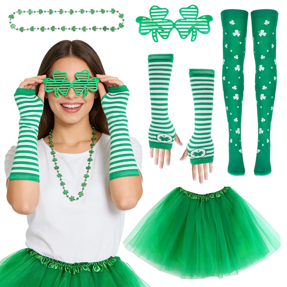 PyrrlicToy 5pcs St. Patrick Day Costume Set, Green Shamrock Tutu Skirt Headband Necklace Arm Warmers, Irish Saint Patrick's Day Fancy Dress Outfit for Party Parade