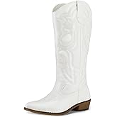 mysoft Women's Cowboy Boots Mid Calf Cowgirl Embroidered Western Pointed Toe Chunky Heel Pull On Knee High Boots