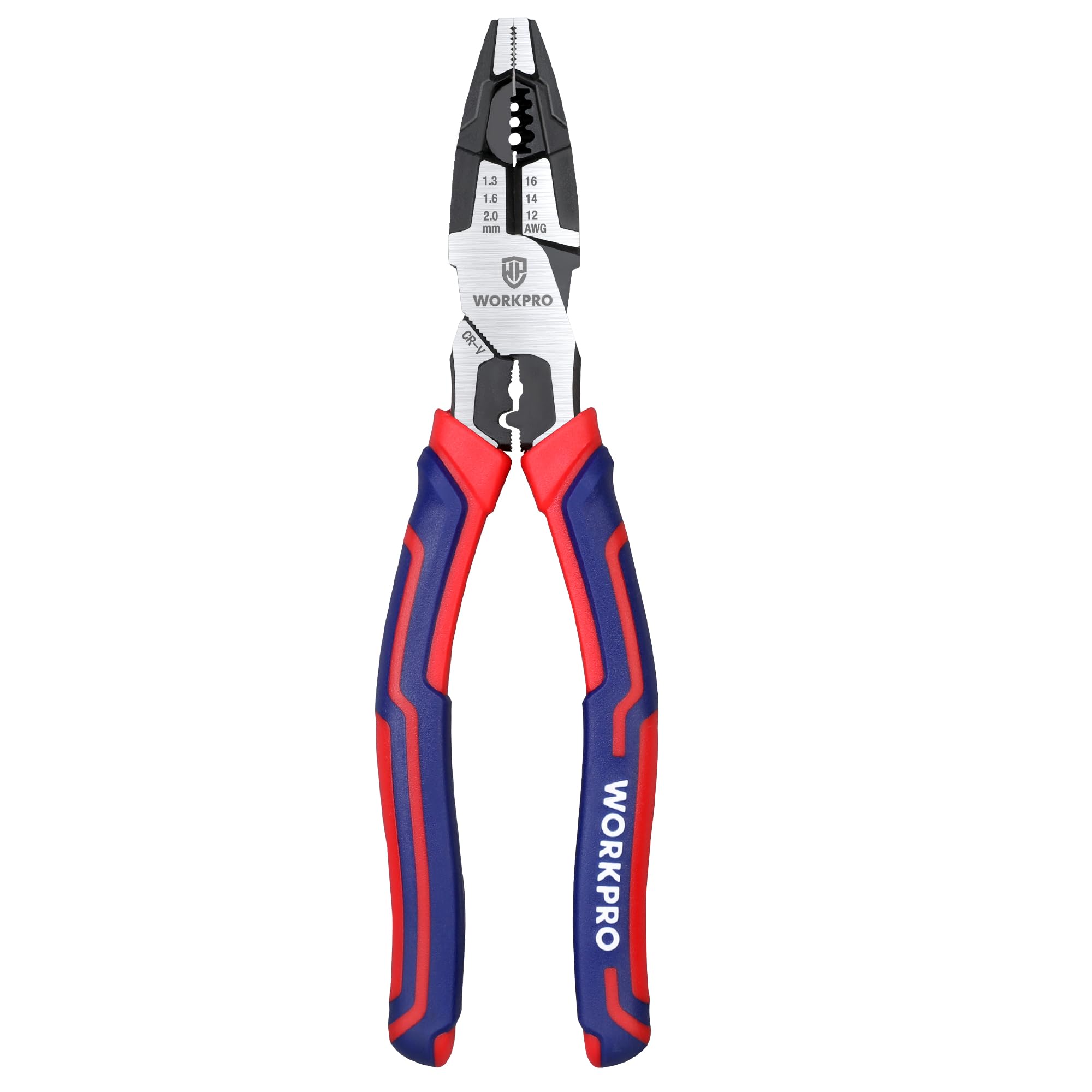 WORKPRO 5-in-1 200 mm Combination Pliers with Wire Stripper/Crimper/Cutter/Wrench, 200 mm Linesman Pliers for 1.3-2.0 mm Wire, Cr-V Multi Hand Tools for Electrician