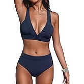 CUPSHE Women's Bikini Sets Two Piece Swimsuit High Waisted Bathing Suits Deep V Neck Adjustable Wide Straps Back Hook