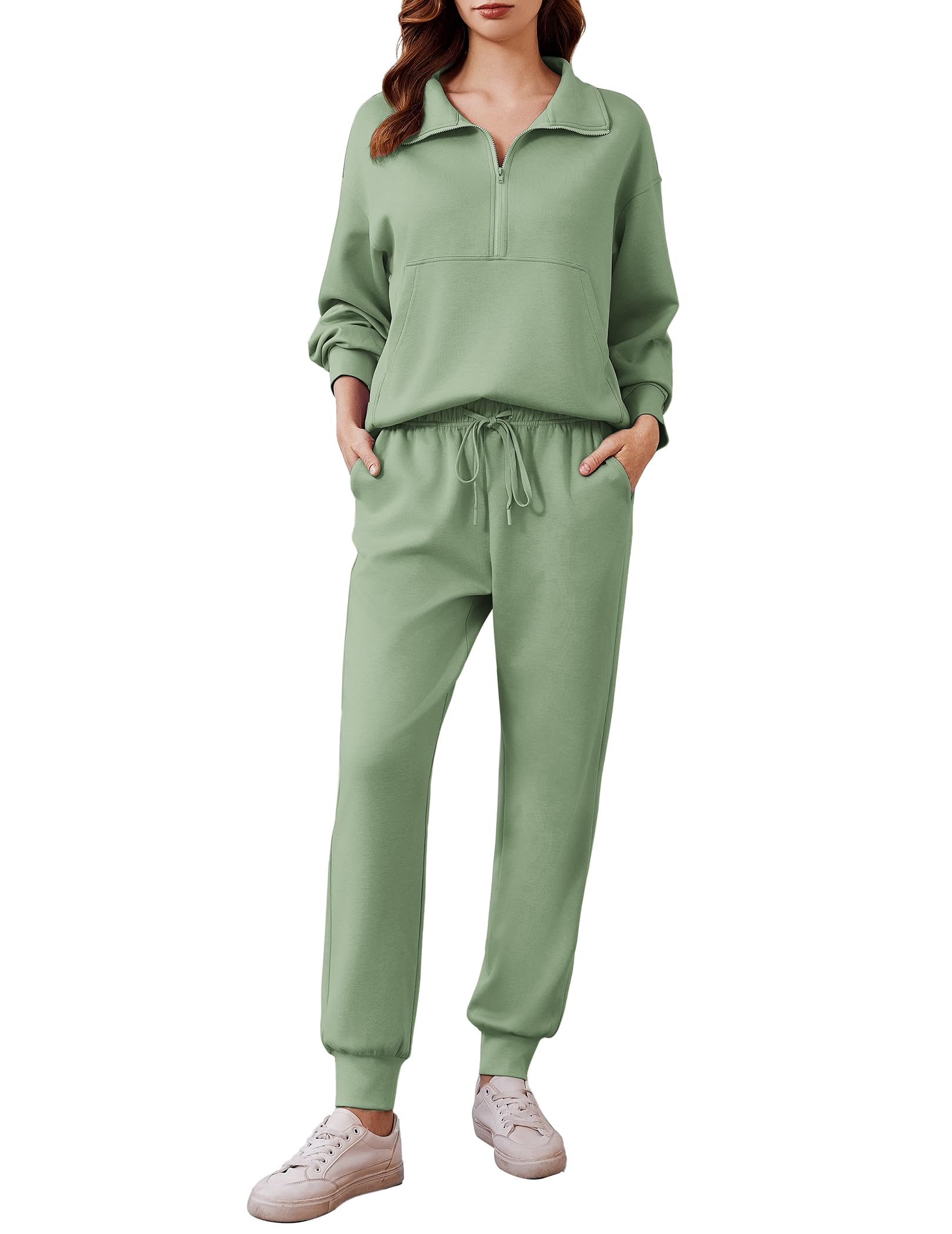 PINSPARK Long Sleeve Half Zip Sweatsuits Women 2 Piece Outfit Fall 2025 Tracksuit Casual Sweatshirt Sweatpants Lounge Set,Pea Green Large Image