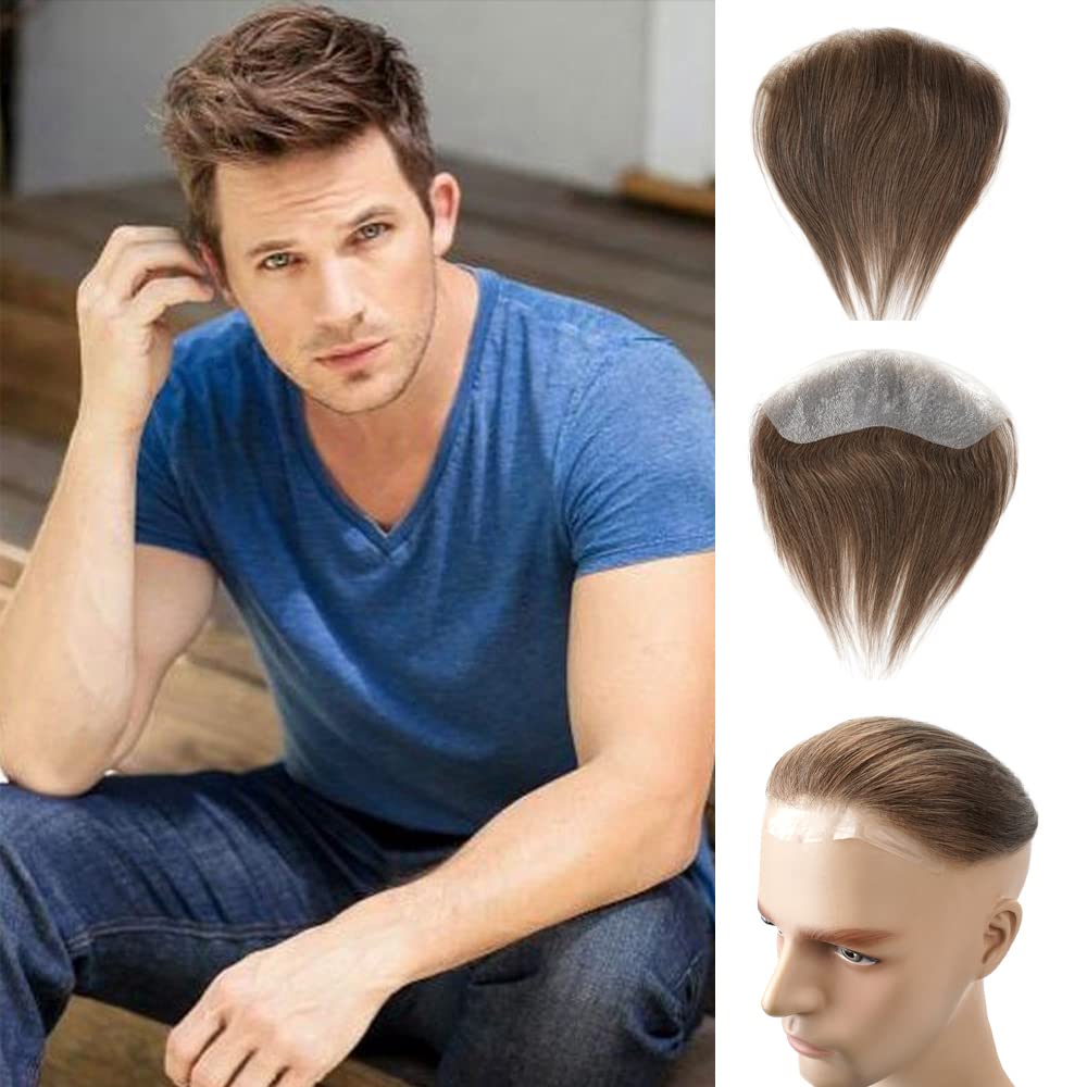 Lordhair V-Shape Frontal Hairpiece for Men, Natural Human Hair System with PU Thin Skin for Receding Hairline Coverage