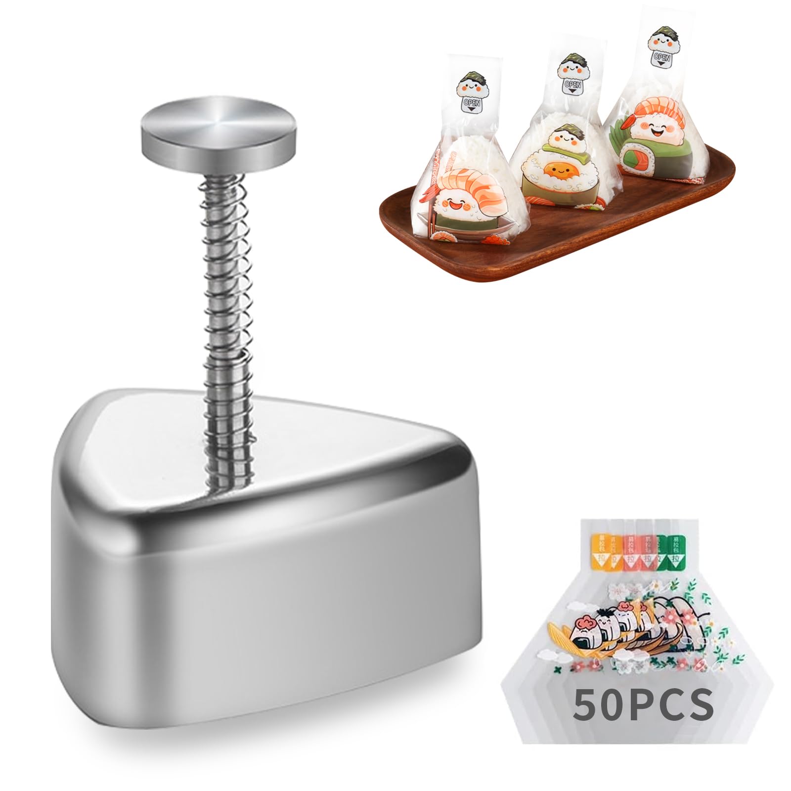 Photo 1 of 2 Pack Onigiri Mold Stainless Steel, Musubi Rice Ball Mold Kit, Non Stick Triangle Sushi Molds with 50pcs Onigiri Wrappers Musubi Maker Press for Lunch Bento and Home DIY