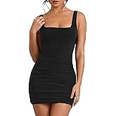 Mokoru Women's Sexy Ruched Bodycon Tank Dress Square Neck Sleeveless Short Mini Club Party Dresses