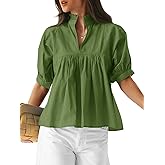 Cicy Bell Womens Puff Sleeve V Neck Blouse Babydoll Peplum Tops Dressy Casual Pleated Loose Fit Shirts