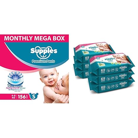 Supples Baby Diaper Pants, Monthly Mega-Box, Small, 156 Count & Supples Baby Wet Wipes with Aloe Vera and Vitamin E, 72 Wipes/Pack, (Pack of 6)