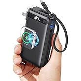 2026 Latest Portable Charger, 10800mAh 22.5W USB C Fast Charging Power Bank with 2 Built-in Cables and AC Wall Plug, LED Disp